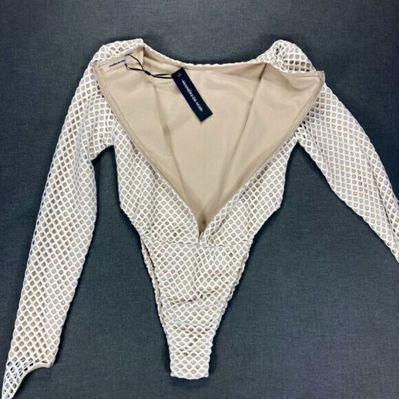 Maniere De Voir Mesh Bodysuit Womens Size 8 White Beige Finger Loop Sexy Top New - Picture 13 of 16